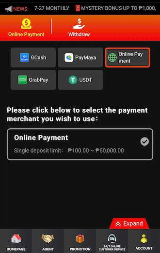 Step 1: selects Online Payment method.