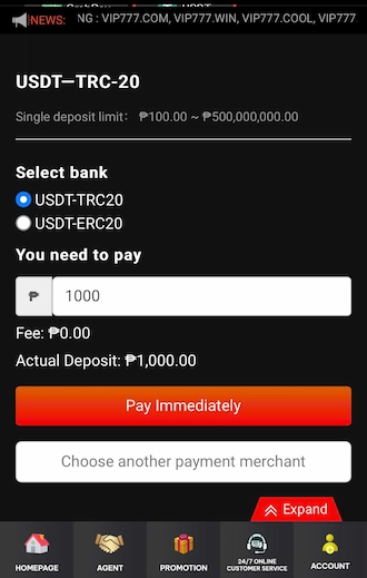 Step 2: Choose 1 of 2 types USDT-TRC20 or USDT-ERC20. Then enter the deposit amount.